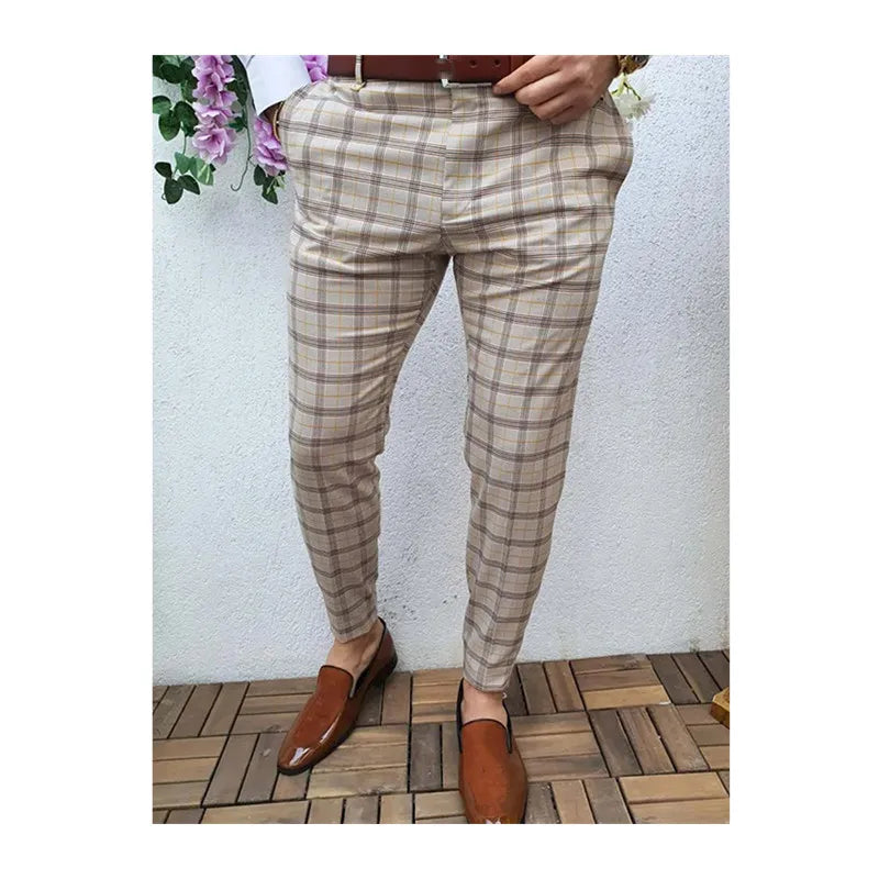 Wholesale Men's Casual Slim Fit Pants Skinny Stretch Dress Slacks Men Checkered Business Casual Pants