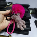 Hot Sale Fashion Luxury Leather Braided Strand Full Crystal Bear Pendant Keyring Fluffy Pompom Keychains