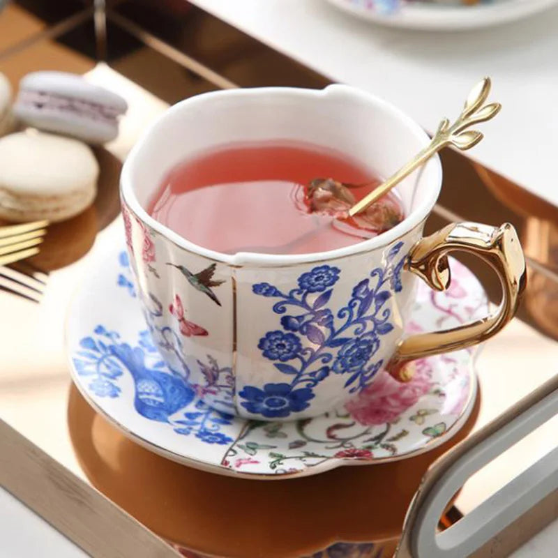 Solhui Fancy England Floral Gold Rim Cup Saucer Set Afternoon Tea Coffee Cups Bone China