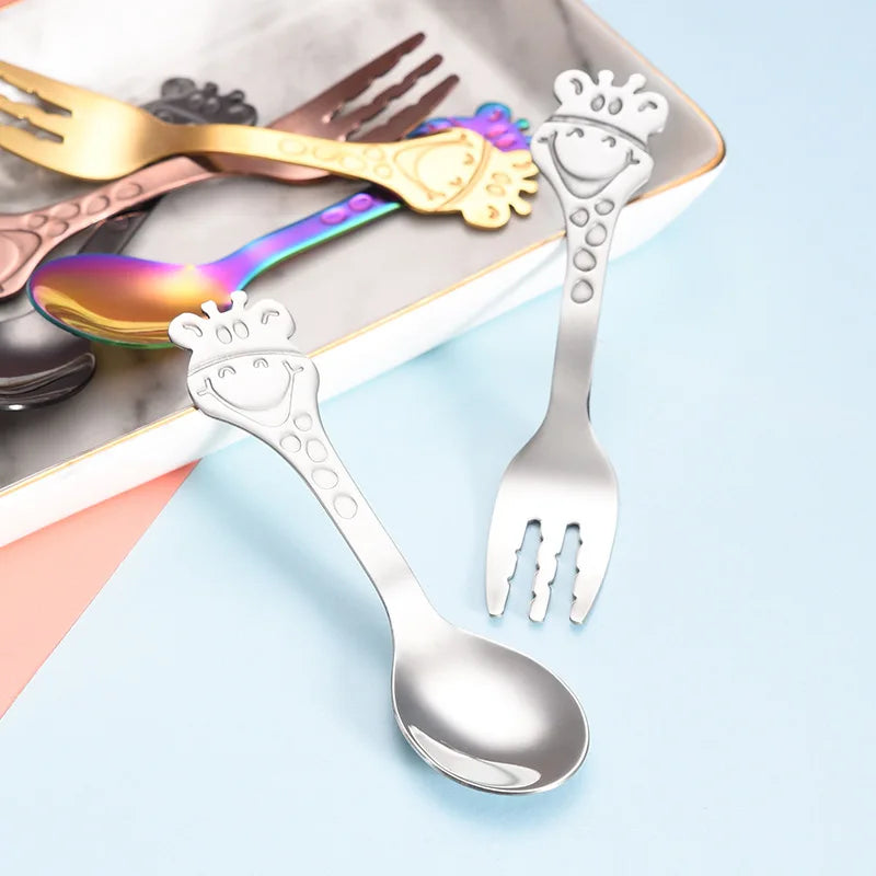 Children's Stainless Steel Cutlery Cartoon Cute Flatware Matte Spoon Fork Silverware Two-Piece Set With Gift Box