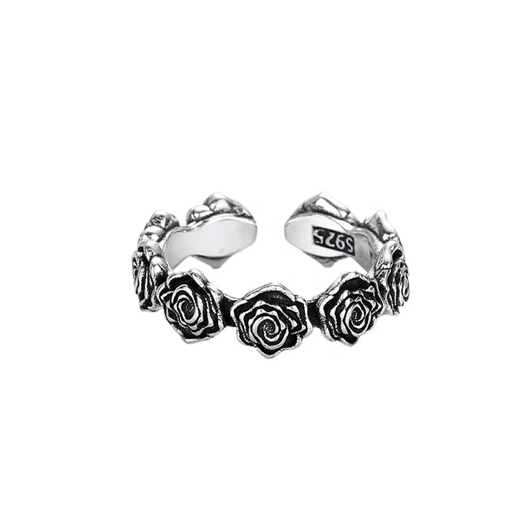 Antique Silver Plated Rose Flower Ring Women's Adjustable Wreath Ring