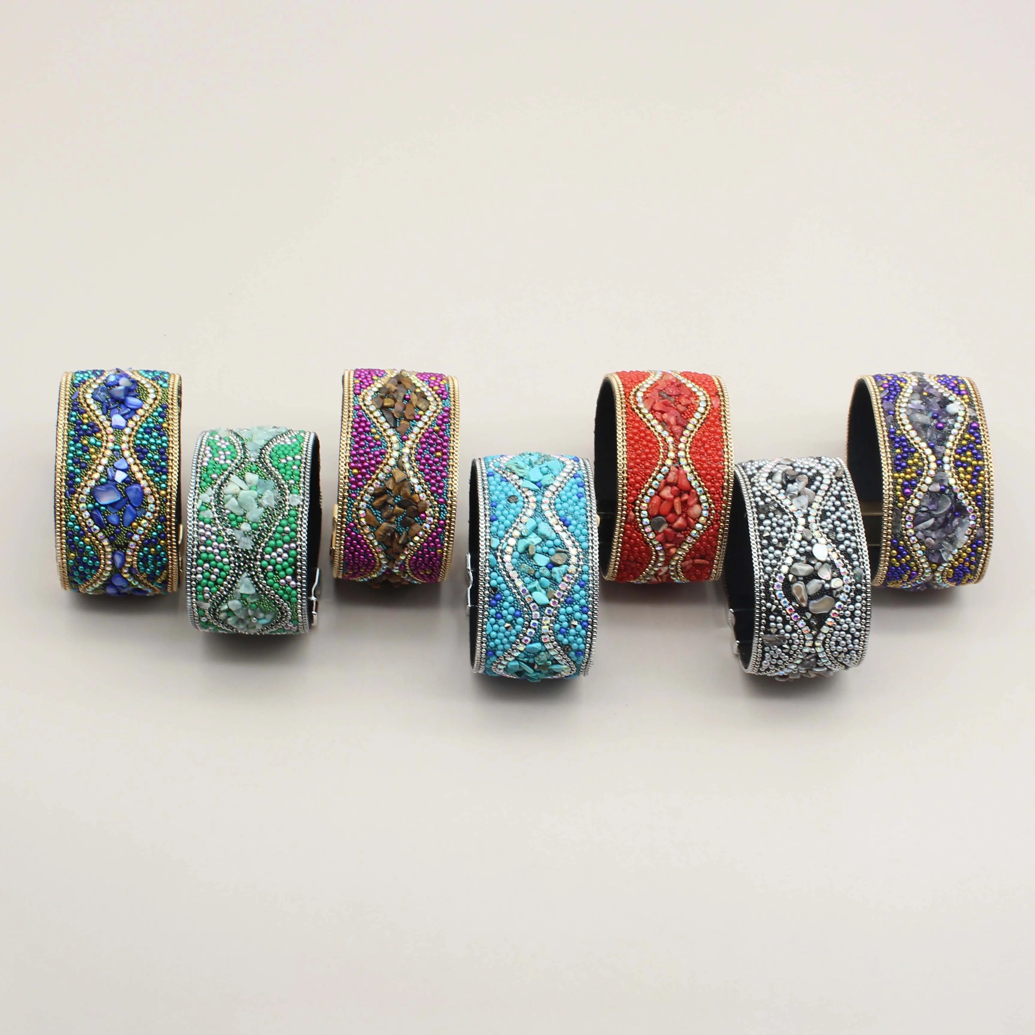 Jachon Ethnic Style Bending Line Rhinestone With Colorful Stone and Beads Jewelry Wide PU Women Bracelet