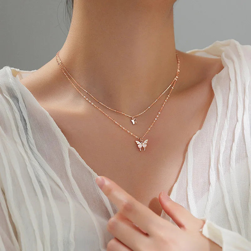 Fashion Two Layer 925 Sterling Silver Double Butterfly Pendant Necklace for Women