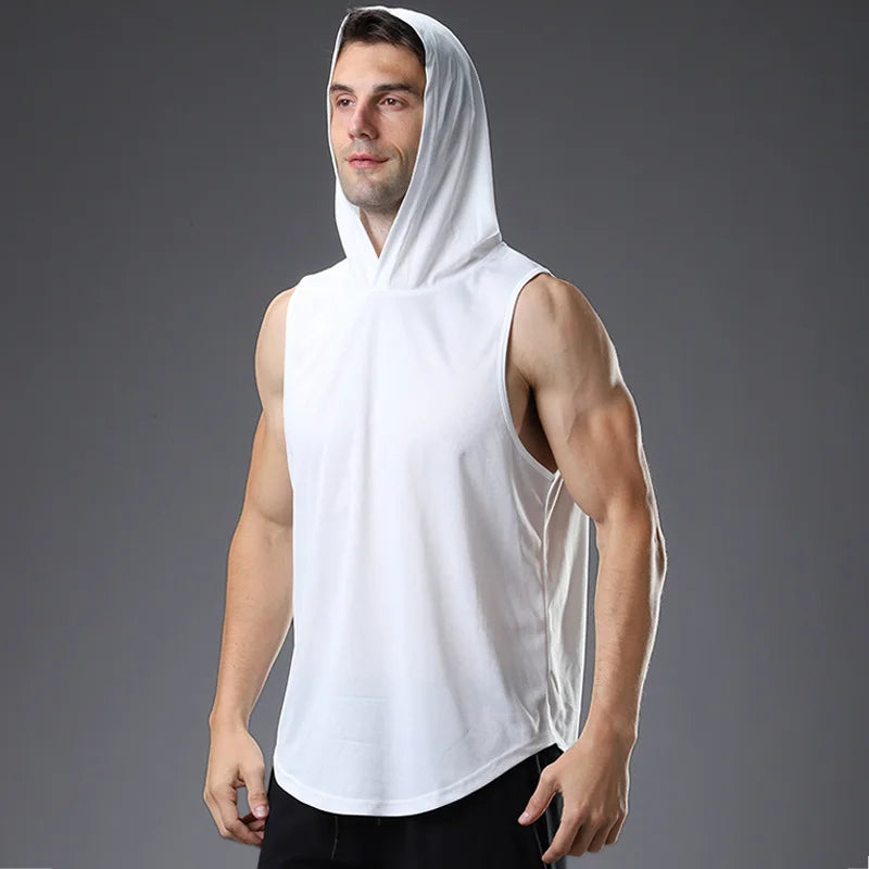 B106 Urgent Order Men's Custom Logo Hooded Tank Top 100% Polyester Casual Quick Dry Breathable Anti-Pilling O-Neck Knitted
