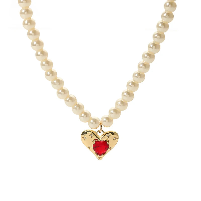 Valentine's Day Stainless Steel 18K Gold Plated Classic Heart Rose Red Cubic Zircon Pendant Pearls Necklace for Women's Party