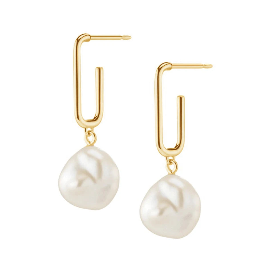 Wholesale Jewellery 18k Gold Plated Pearl Drop Rectangle Hoop Earrings for Women 925 Sterling Silver Fresh Water Pearl Earrings