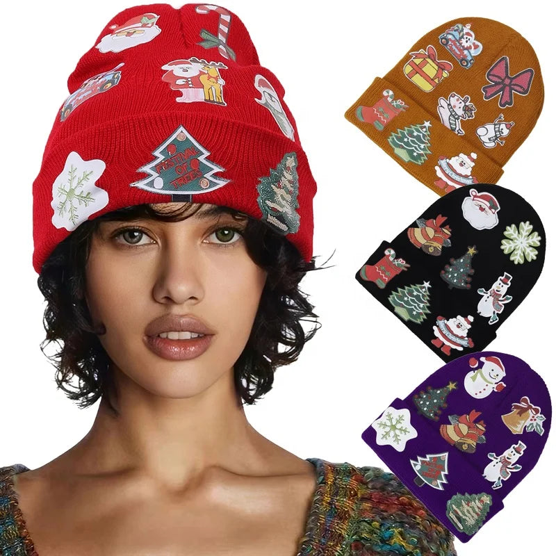 Wholesale Personalized Custom Winter Warm Merry Christmas Santa Acrylic Cuffed Knitted Skull Beanie Hat Cap