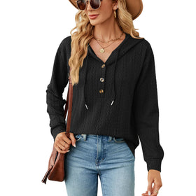 2023 Europe and America Autumn and Winter New Solid Color Hooded Button Loose Long Sleeve Sweater Women's Wear