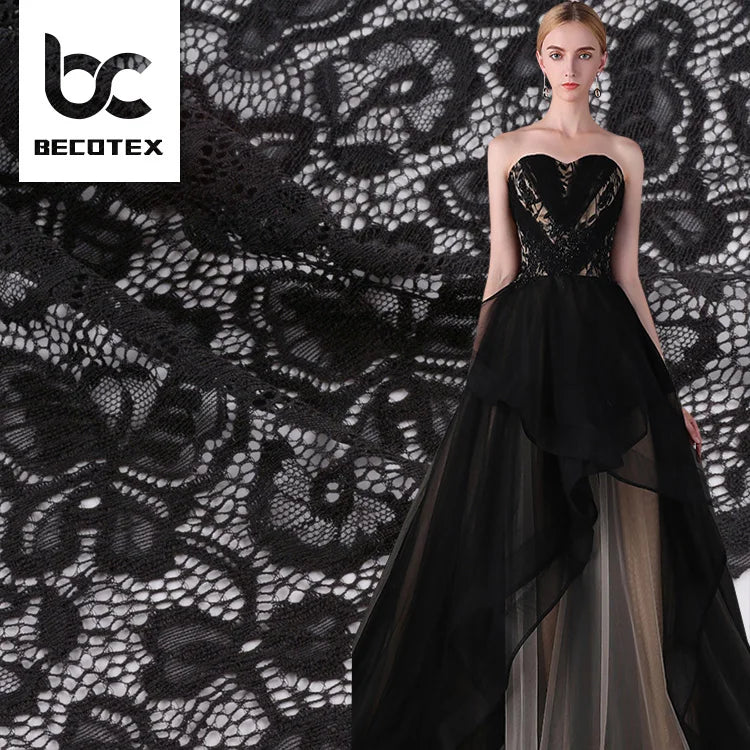 Custom Black Polyester Floral Guipure Lace Fabric for Dresses Clothing