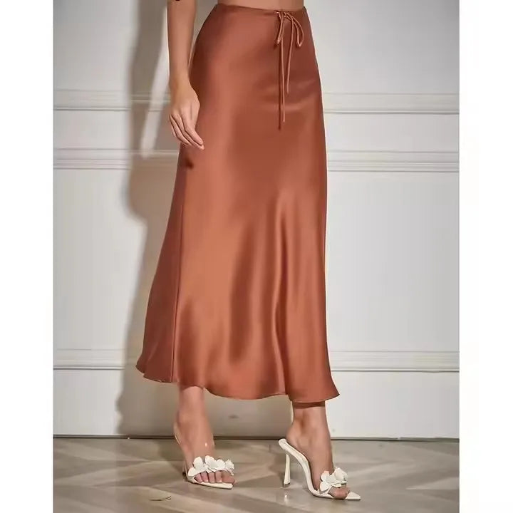 Lace up Long Skirt Women Women Black 2025 Elegant High Waist Midi Beige Skirts a Line Long Satin Skirts