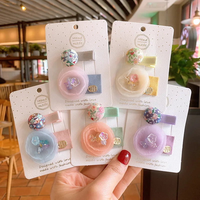 Flower Print Sweet Hair Clip Set Girl Cute Headwear Cartoon Ball Hair Clips Hairpin Headdress Hair Accessories