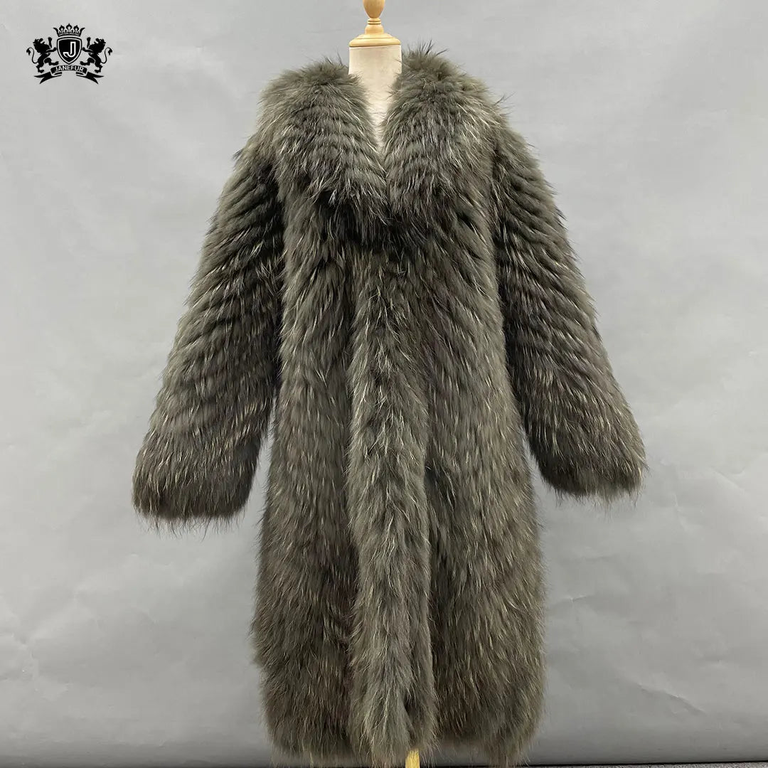 Janefur Custom Winter Women Fashion Real Raccoon Fur Jacket Long Natural Green Fur Coat
