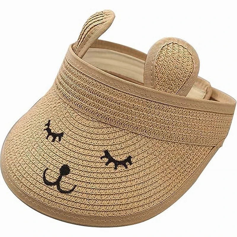 Factory Adjustable Roll-up Straw Visor Hat Sun Hat Wide Brim Cute Bunny Ponytail Summer Beach Sun Hat for Kids