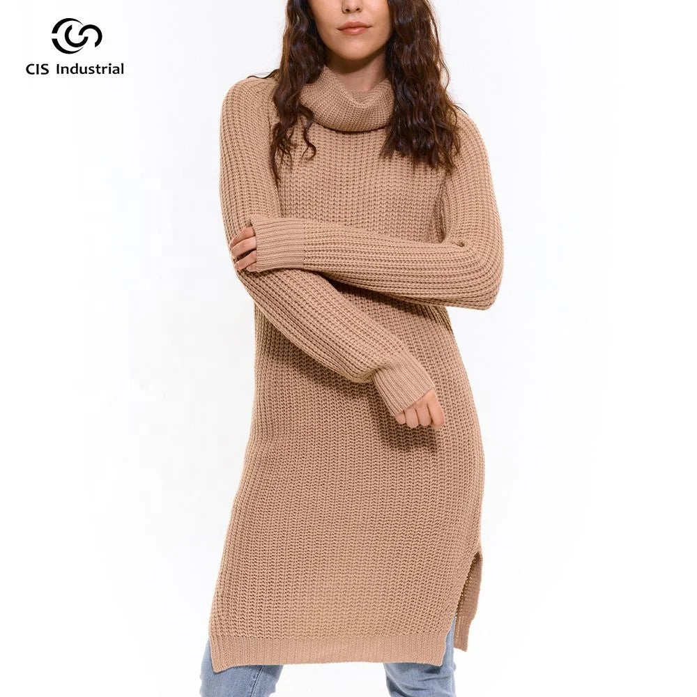 Winter Bodycon Dress With Sweater Crochet Knit Dress Pullover Long Sleeve Turtleneck Sweater Women Medium Length Knitted Dress