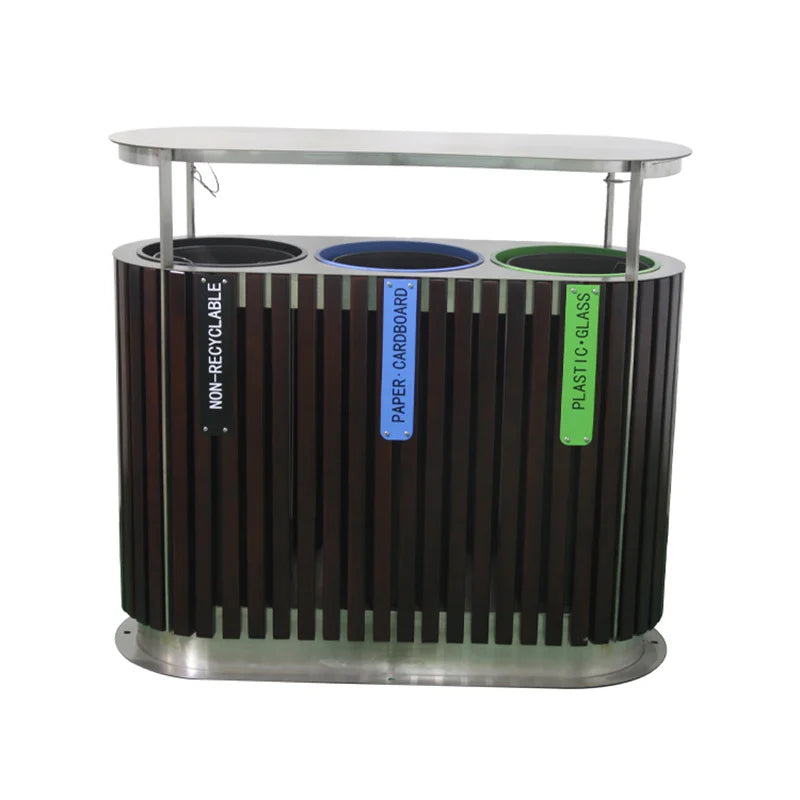 Outdoor Multi Compartment Wood Garbage Receptacle Trash Can Outside Street Large Capacity Recycle Waste Bin Public Dustbin