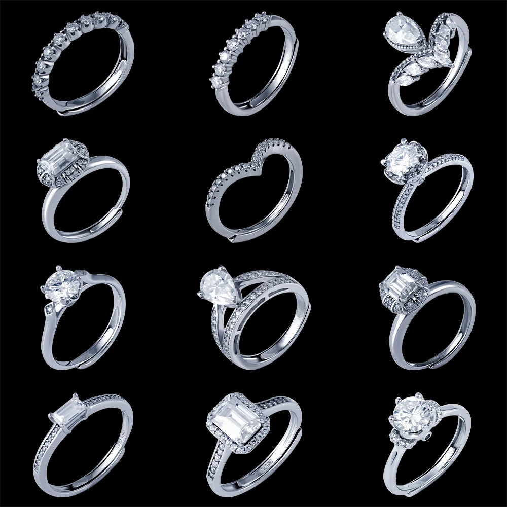 Ss925 Sterling Silver Ring Plated White Gold Fashion Adjustable Size Moissanite Ring for Lady