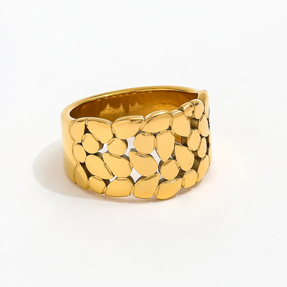 High End 18K PVD Gold Plated Hollow Leaf Band Ring Stainless Steel Women Tarnish Free Jewelry