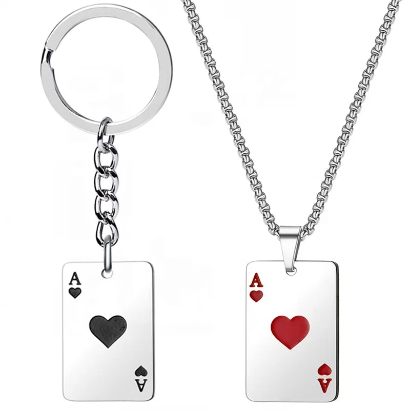 Hip Hop Style Stainless Steel Lucky Spades Heart Ace Poker Playing Card Keychain Necklace Jewelry for Women Men
