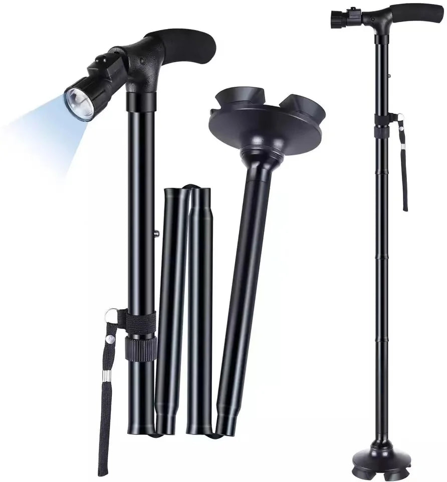 Folding Trekking Crutches Hiking Poles LED Light Walking Cane T-handle Telescopic Walking Stick for Elderly People