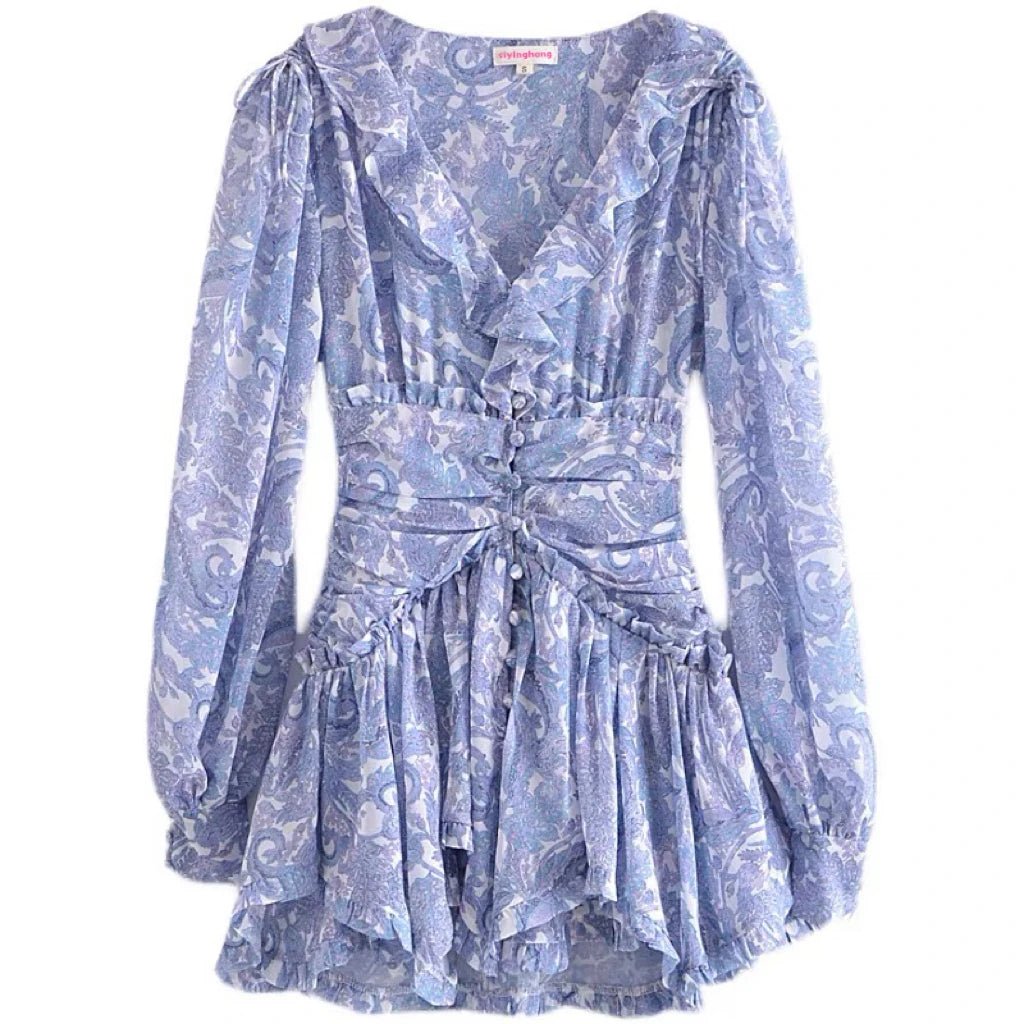 2025 Boho Print Mini Pleated V-neck Women's Summer Floral Wrap Dress Elegance Flare Casual  Dress Ladies Dresses