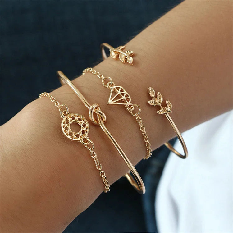 Fashion Charm  Gold Plated 4 Pcsleaf Diamond Knotted Cuff Bangles Bracelets Set Women