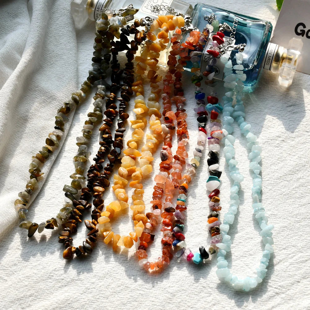 Irregular Natural Stone Colored Beads Choker Crystal Agate Amethyst Tiger Eye Necklace for Women