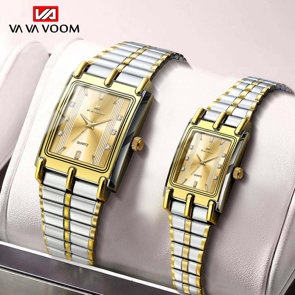 VA VA VOOM New Design Luxury Paired Stainless Steel Band Rectangle Case Quartz Watches Wholesale Diamond Business Couple Watch