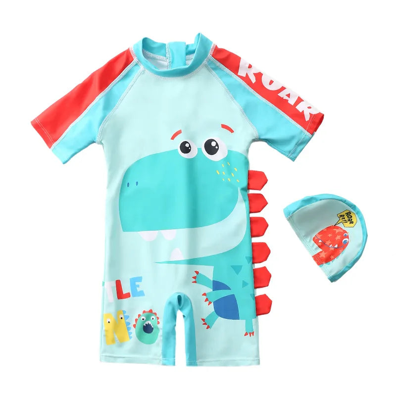 Summer Children's Swimsuit Boy One-Piece With Hat Swimsuit Long Sleeve Beach Sunscreen Kid Swimming Clothing