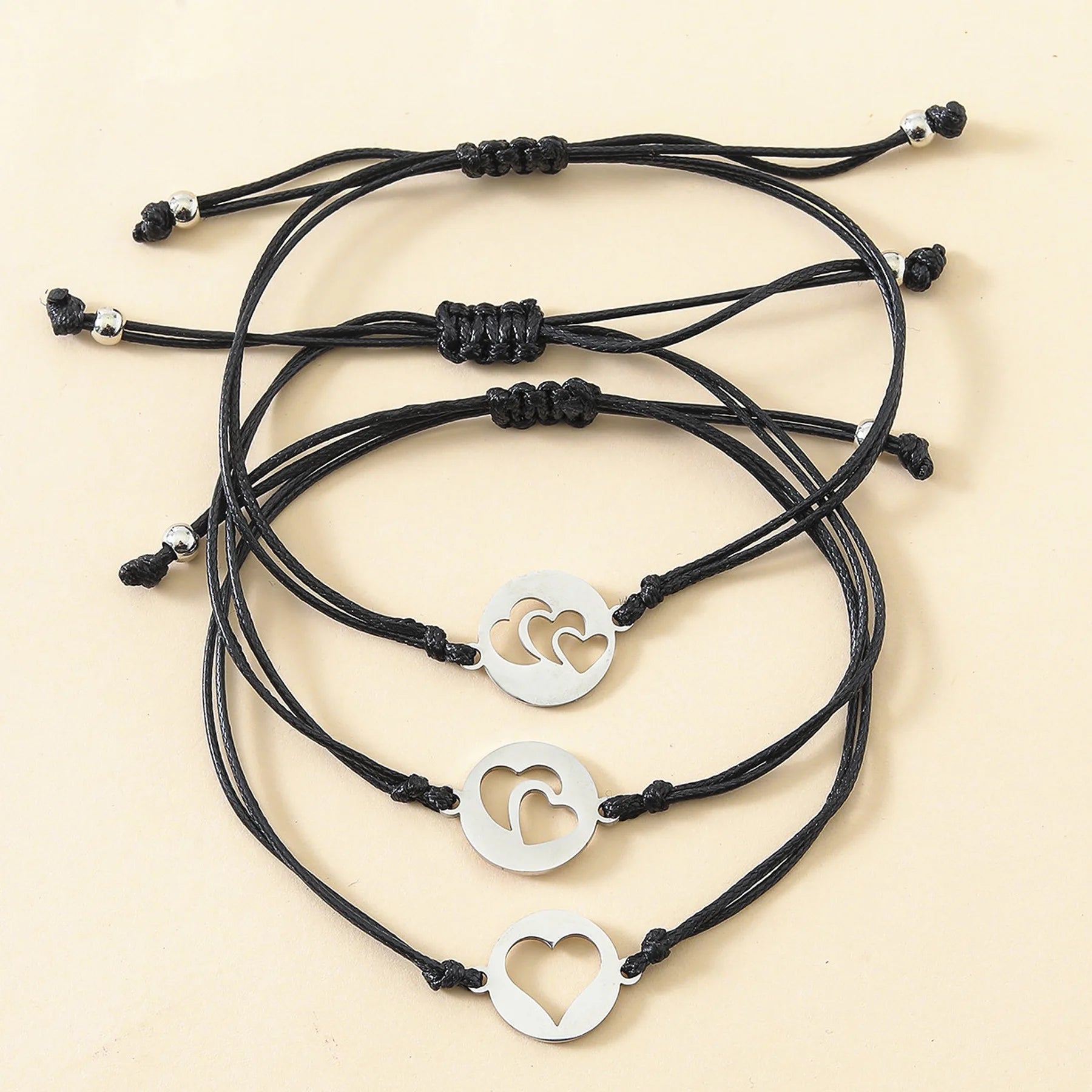 Handmade Black String Family Sister Bracelets for 3 Adjustable Bracelet Bangle with Gift Card for 3 Generations