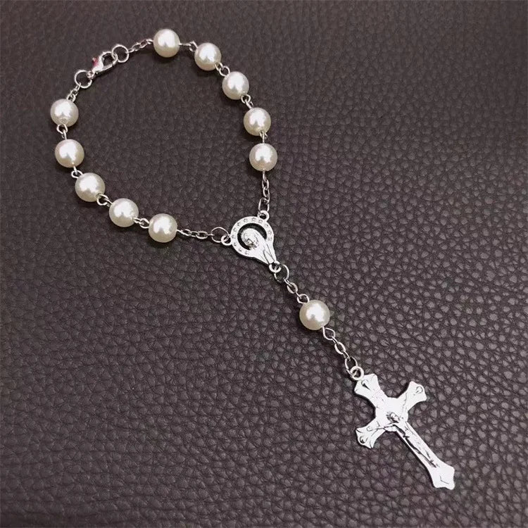 Religious Catholic Pray Rosary Beaded Bracelet Silver Plated Zinc Alloy Imitation Pearl Unique Cross Pendants Jesus