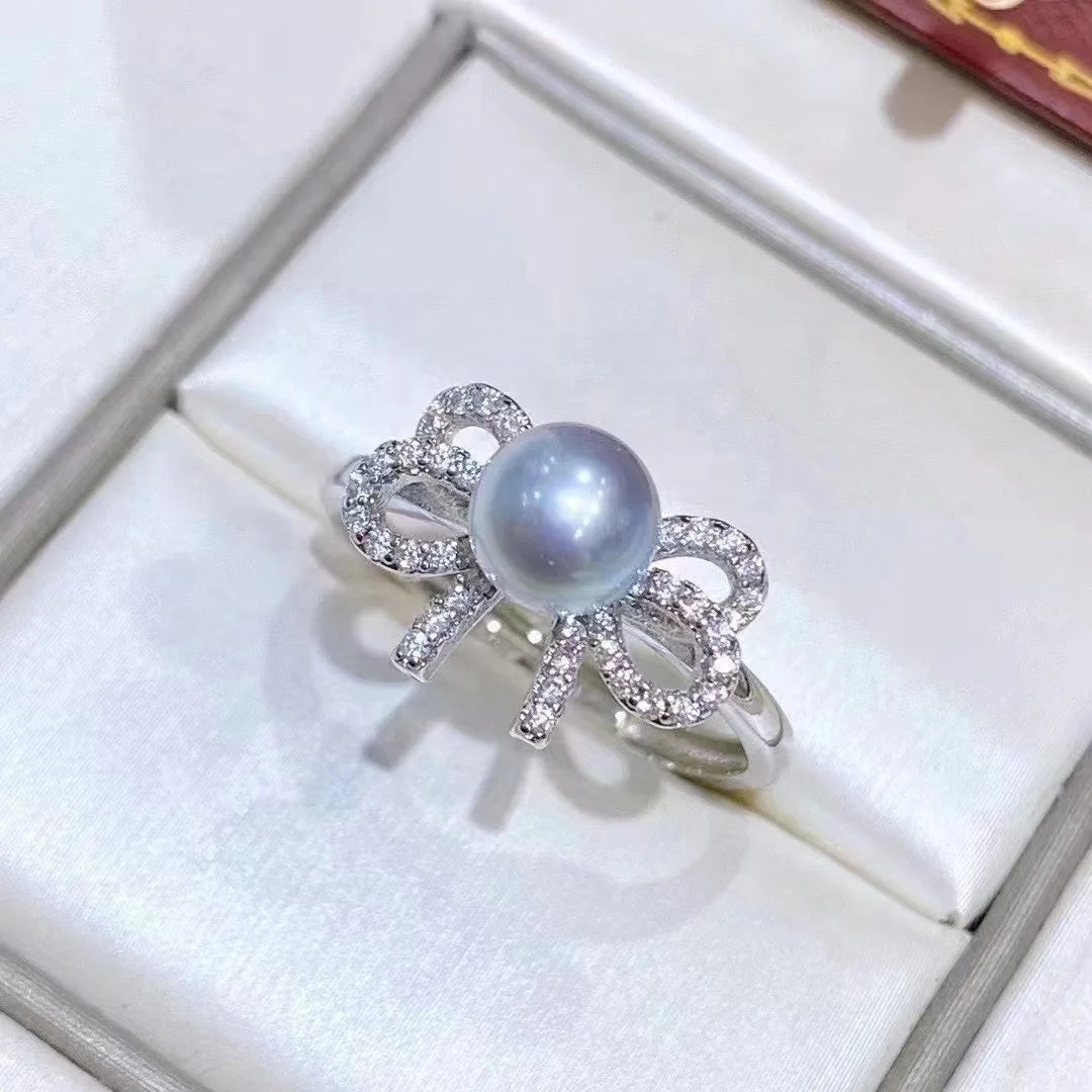 R766 8-9mm Natural Freshwater Pearl Ring Accessory 925 Sterling Silver Adjustable Size Engagement Jewelry Ring for Women