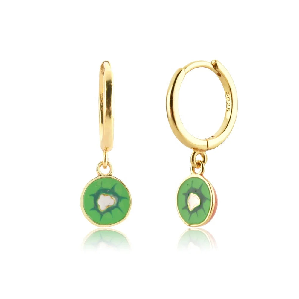 FUAMAY Novedades 2022 Summer Fruit Pendientes De Colores De Ley 925 Green Enamel Kiwi Fruit Hoop Earrings