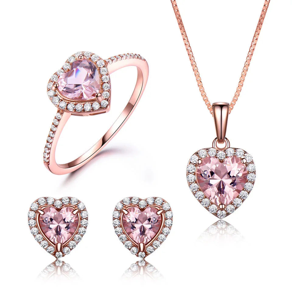 925 Sterling Silver Rose Gold Plated Zircon Heart Cut Engagement Anniversary Gift Jewelry Set with Ring Earrings Necklace