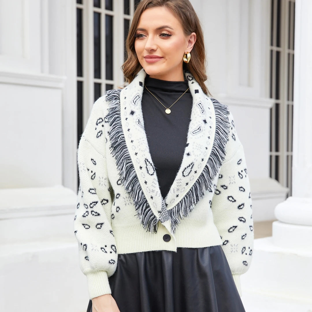 Spring New Style Fashion Turn Down Collar Long Sleeves Fitting Bohemian Jacquard Casual White Short Cardigan