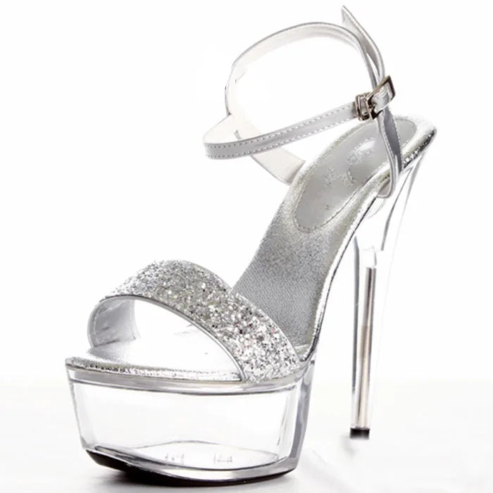 Silver Stiletto 15 cm Pole Dance High Heels Banquet Queen Platform Sandals Fashion Large Leaky Toe Buckle Shoes