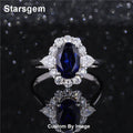 Starsgem 9K White Gold Halo Set Oval Cut Blue Lab Gemstone Sapphire Ring