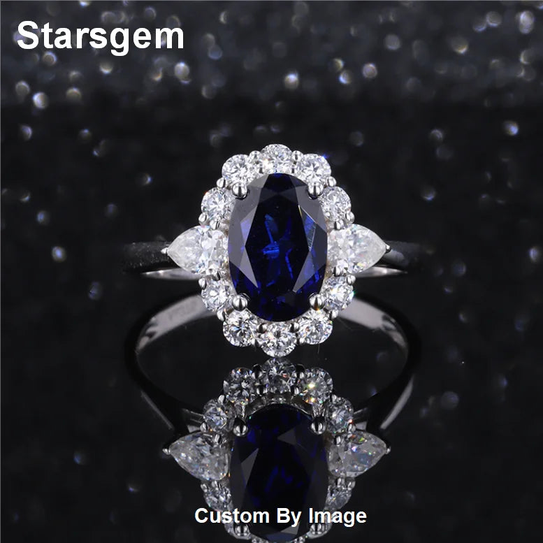 Starsgem 9K White Gold Halo Set Oval Cut Blue Lab Gemstone Sapphire Ring