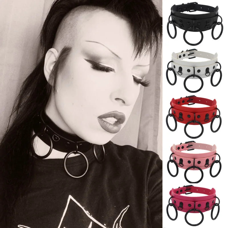 Ladies  Pu  Leather Gothic Chains  Western Punk Style Large O-ring Pendant Clavicle Collar Women Harajuku Choker