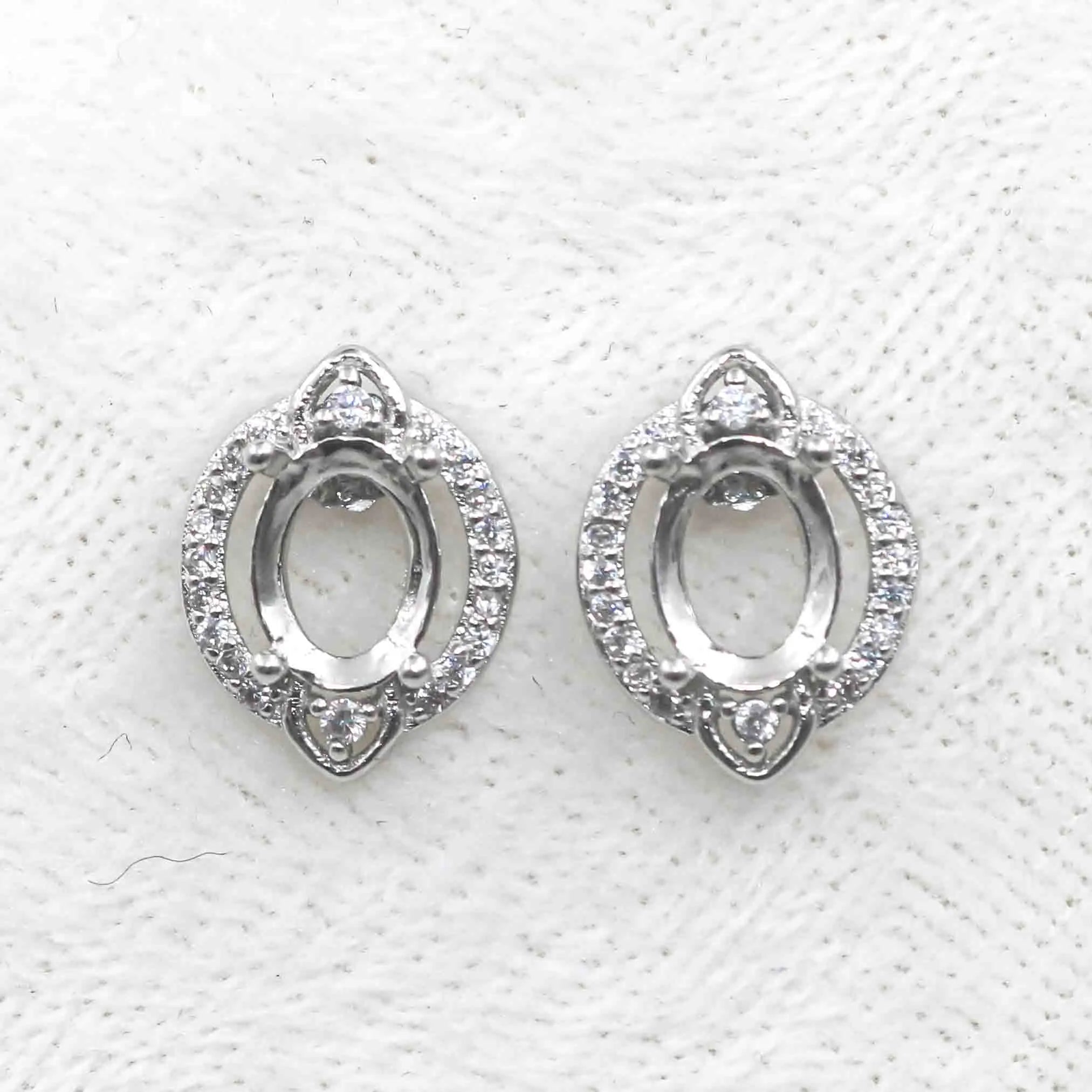 Sterling Silver 6*8mm Semi Mount Stud Earrings Empty Support Blank Claws Setting S925 Base Without Center Stone for DIY Inlay