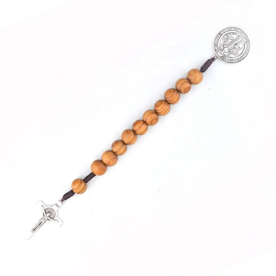 Handmade Catholic Rosary Chaplet Silver Plated Pinewood Beads with  Cross Shape Fashion Religious Rosary in Hand