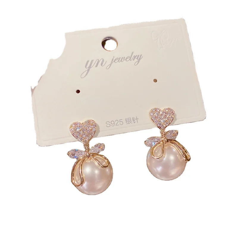 GT Creative Heart Pearl Heart White Zircon Drop Bow Earrings Love Heart Bowknot Pearl Women Earrings