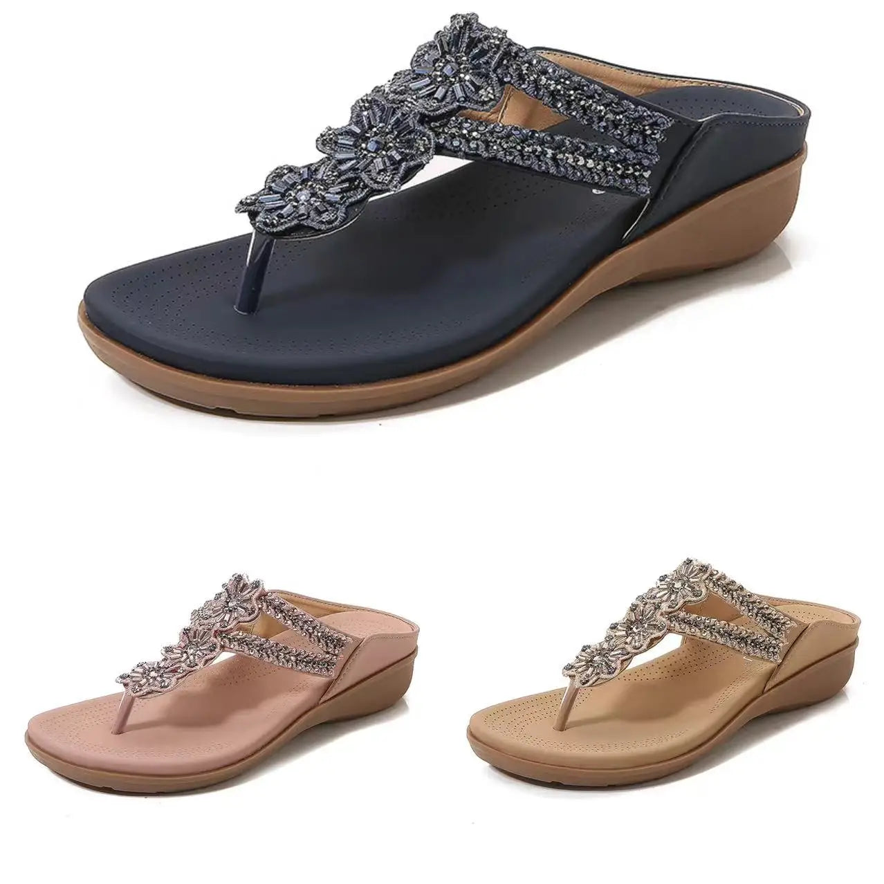 Hot Selling Women's Summer Fashion Shoes Retro Floral Beaded Rhinestones Versatile Soft Comfortable Large Slip-On Breathable