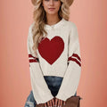 Valentine Heart Print Knitted Sweater Women Loose Crew Neck Pullover Y2K Contrast Color Striped Knitwear Jumper