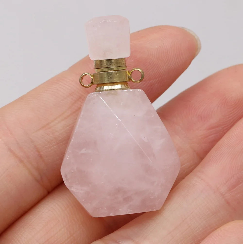 HZ Vintage Design Rose Quartz Crystal Perfume Bottle Pendant Essential Oil Natural Stone Pendant