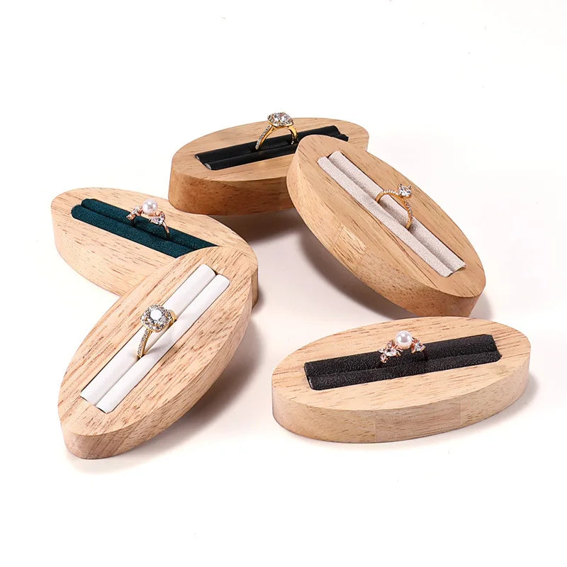 Ellipse New Natural Wood White Black Beige Green Gray Velvet Rings Jewelry Display Stand Rack Tray