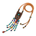 Vintage Western Exotic Cowboy Leather Rope Necklace Bohemian Tribal Jewelry with Natural Stone Beads Long Style for Parties