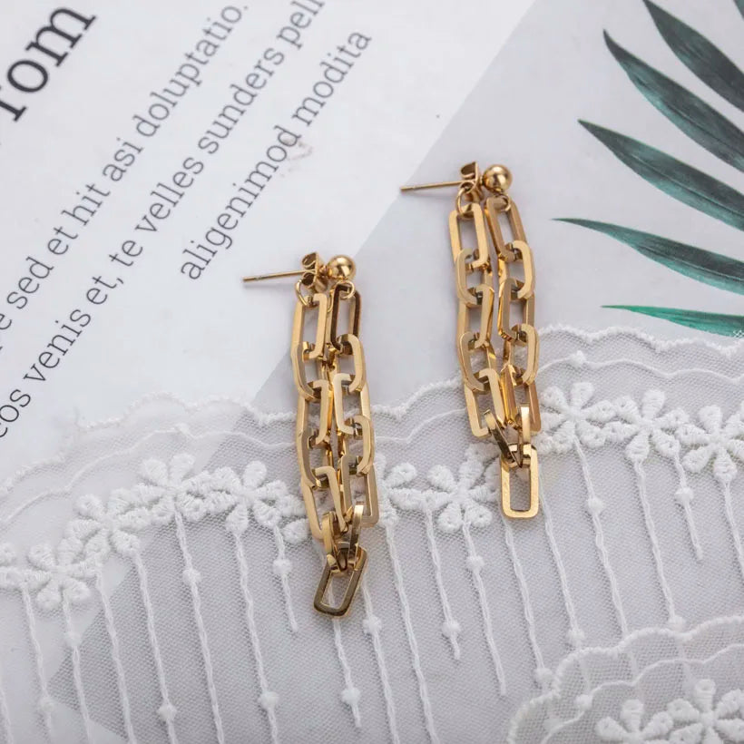 Minimalist Long Statement Dangle Chain Earring Jewelry Women Front to Back Stainless Steel Metal Gold Cuban Chain Link Earrings