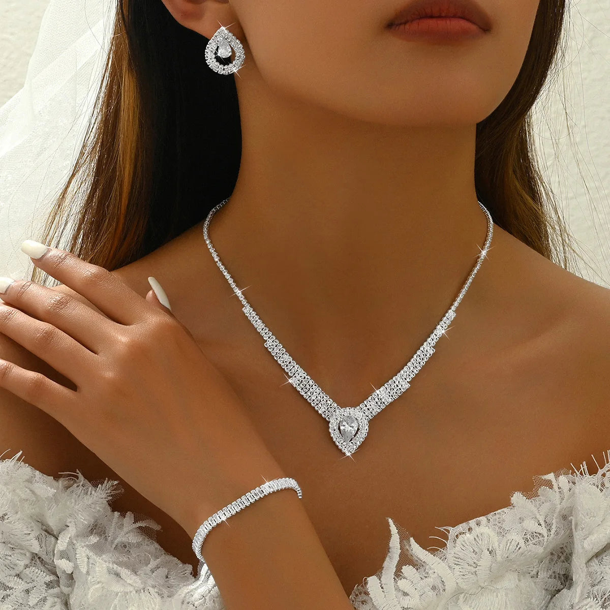 Elegant Bridal Jewelry Set - Wholesale Rhinestone Necklace Earrings & Bracelet for Weddings & Events