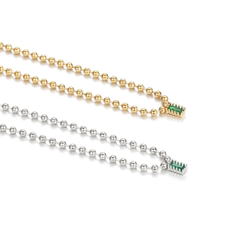 Wholesale Fashion Jewelry Gold Plated Round Bead Chain Necklace Emerald Square Zircon Pendant Necklace for Women