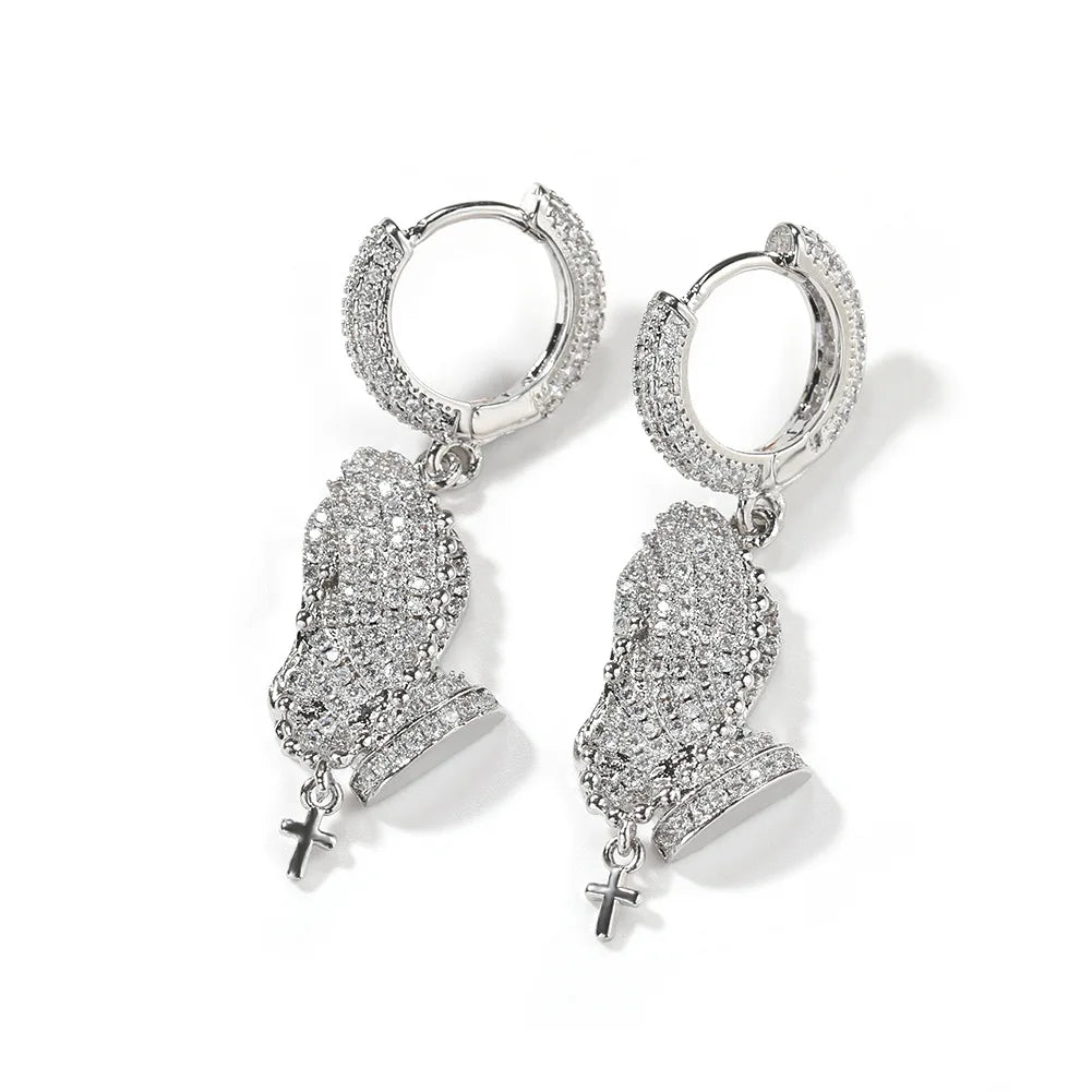 Christian Jewelry Praying Hands Hoop Earrings Hip Hop Fashionable Mini Cross Charm Drop Earrings